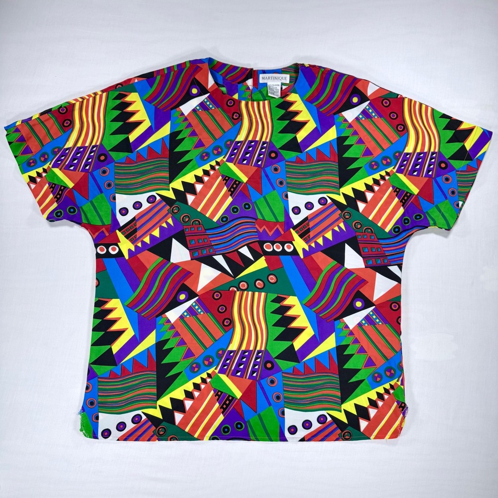 VTG Martinique Geometric Abstract Print Blouse Womens M Colorful 80s 90s Shirt